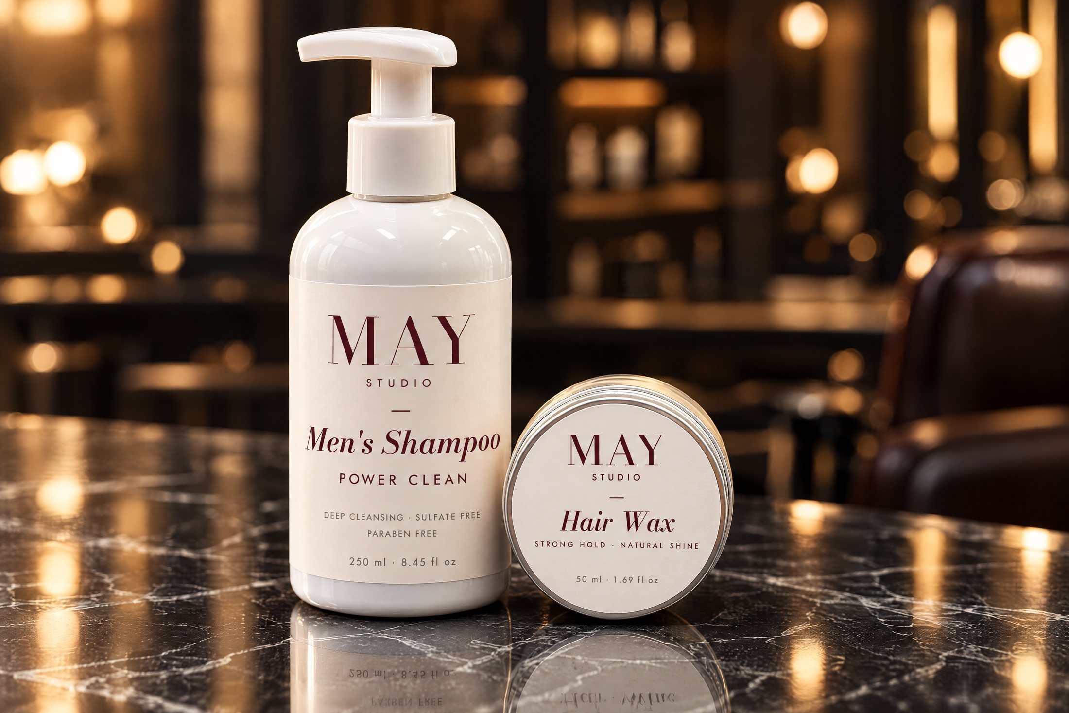 MAY Studio Men's Shampoo ve Hair Wax, siyah mermer üzerinde